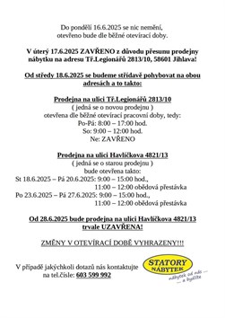 Otevírací doba prodejny nábytku Statory - stěhování červen, červenec, srpen 2025