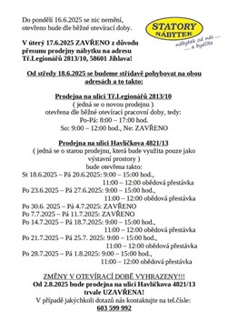 Otevírací doba prodejny nábytku Statory - stěhování červen, červenec, srpen 2025
