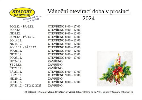 Otevírací doba prodejny nábytku Statory - PROSINEC 2024! 
